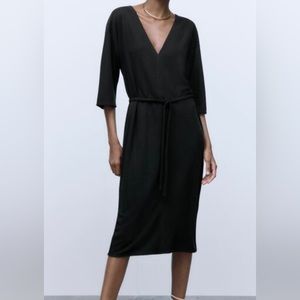 Zara black v-neck midi dress with belt